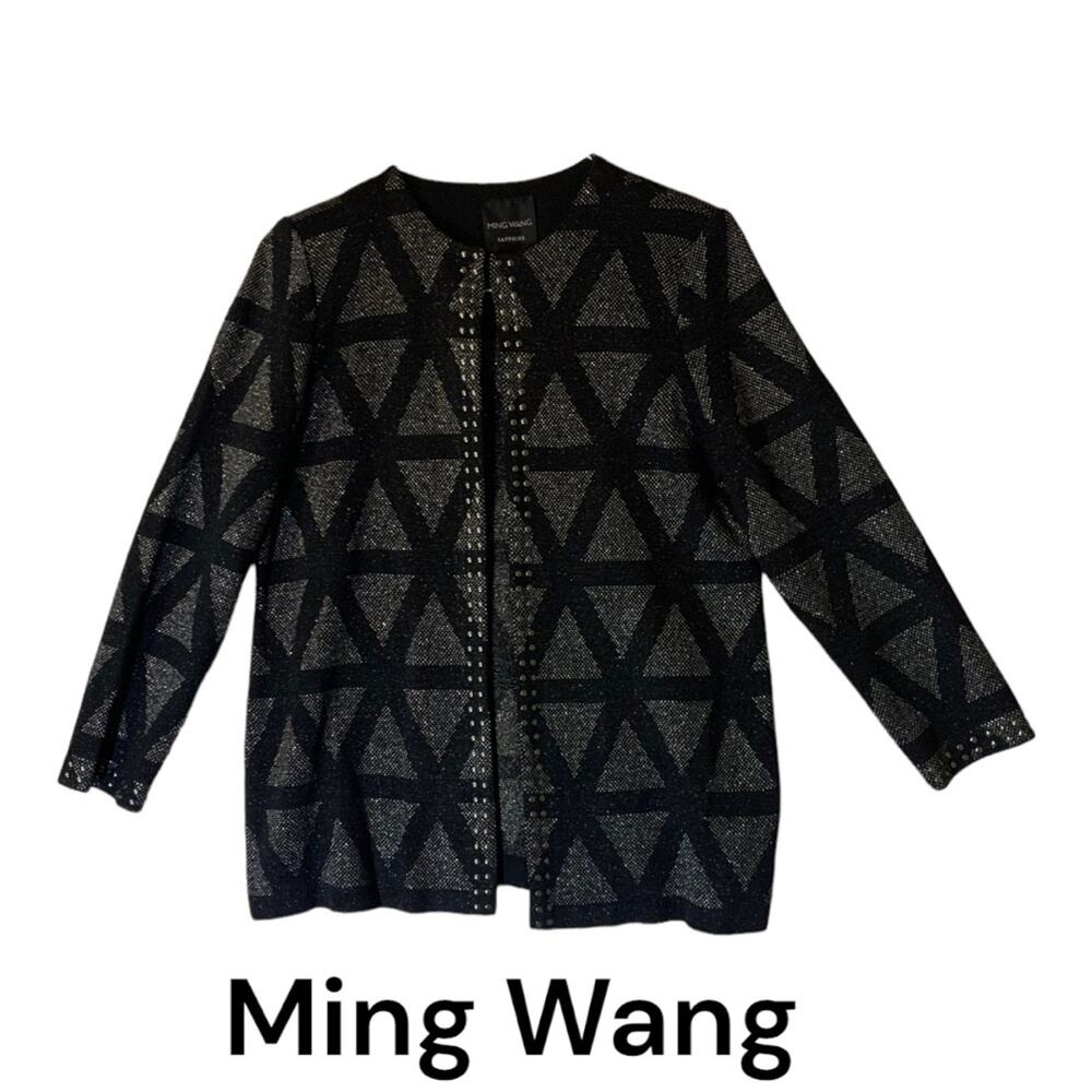 Ming Wang Sapphire womens medium cardigan blazer black silver sparkle fancy